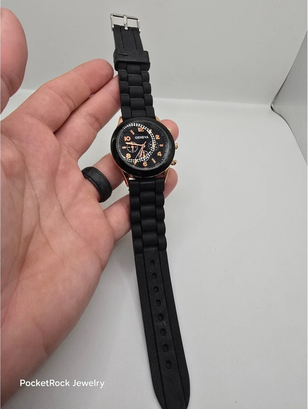 Geneva Quartz Analog Multi-Dial Watch Black Dial Gold Tone Case Black Silicone